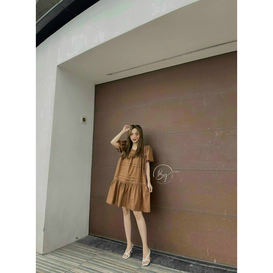Đầm suông baby doll tay phồng đuôi cá siêu đẹp chất chéo nhung có lót siêu hot mùa hè