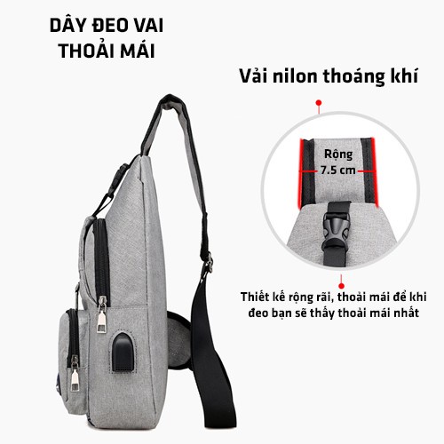 Túi đeo chéo nam vải canvas chống nước 3 ngăn phong cách Hàn Quốc Tặng kèm sạc USB