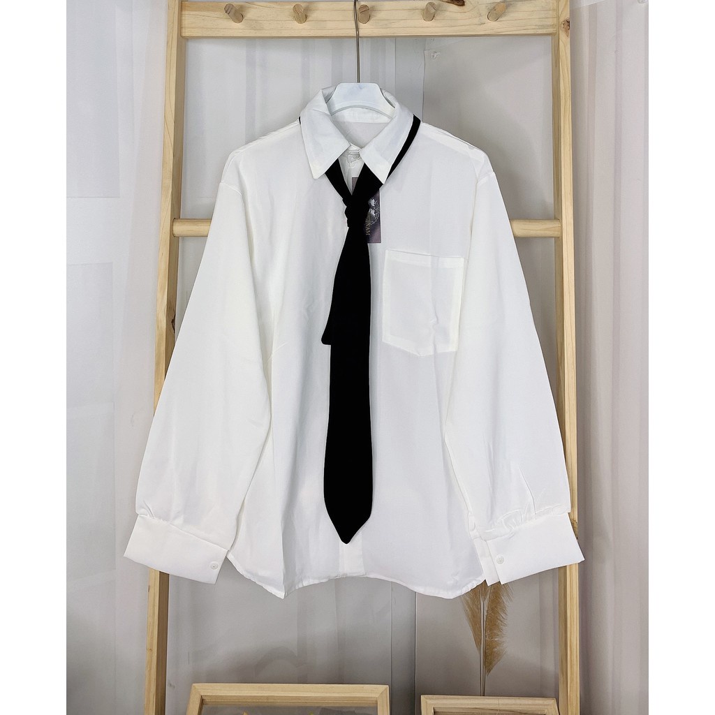 Áo Sơ Mi Trắng Tay Dài Kèm Cà Vạt Túi Nắp Ngực Cổ Bẻ Cá Tính Fom Rộng Phong Cách Hàn Quốc MãB22 | BigBuy360 - bigbuy360.vn