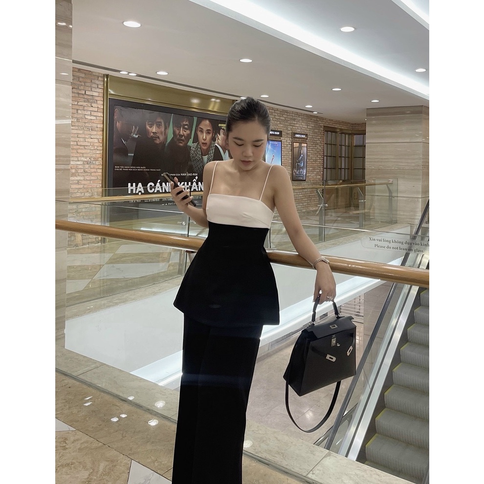 Set áo peplum phối màu + Quần suông, freesize dưới 55kg, chất cotton lạnh, phong cách sang chảnh