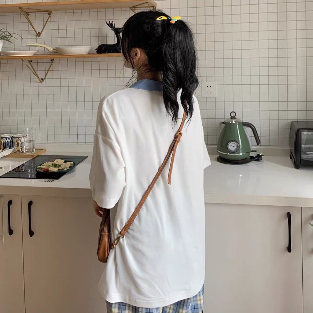 ÁO POLO MIX CỔ XANH TRẮNG THÊU HOA DAISY ULZZANG - ÁO THUN TAY LỠ CỔ BẺ ULLZANG