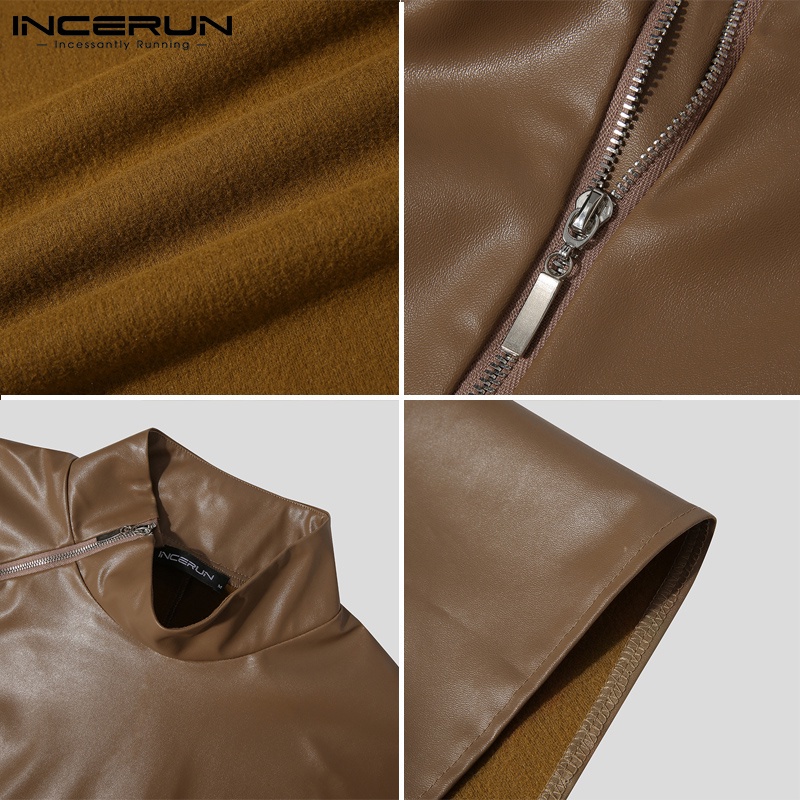 Áo INCERUN bằng da tay áo cánh dơi màu trơn kiểu dáng rộng rãi có dây khoá kéo thời trang cho nam