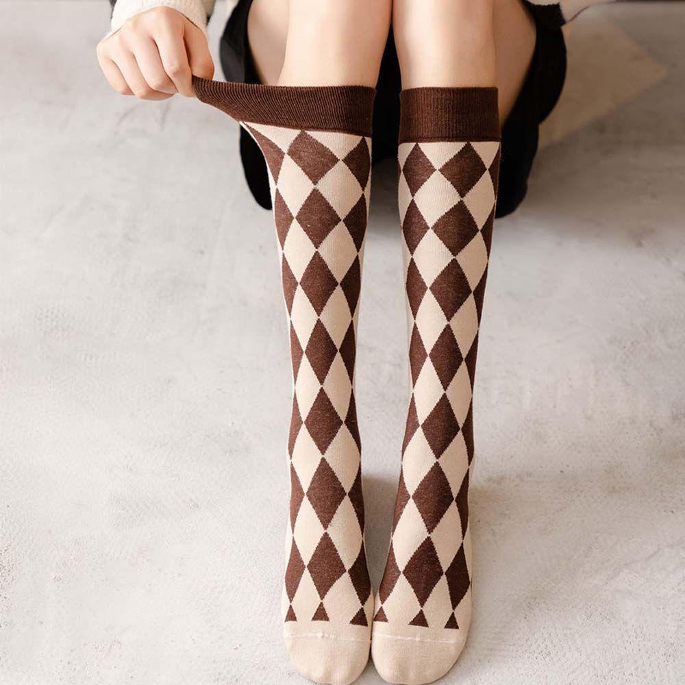 AROMA Tất Cotton Họa Tiết Hình Thoi Dễ Thương Giữ Ấm Cho Nữ