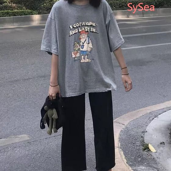 Set áo thun ngắn tay form rộng và quần ống rộng thời trang thích hợp cho nữ