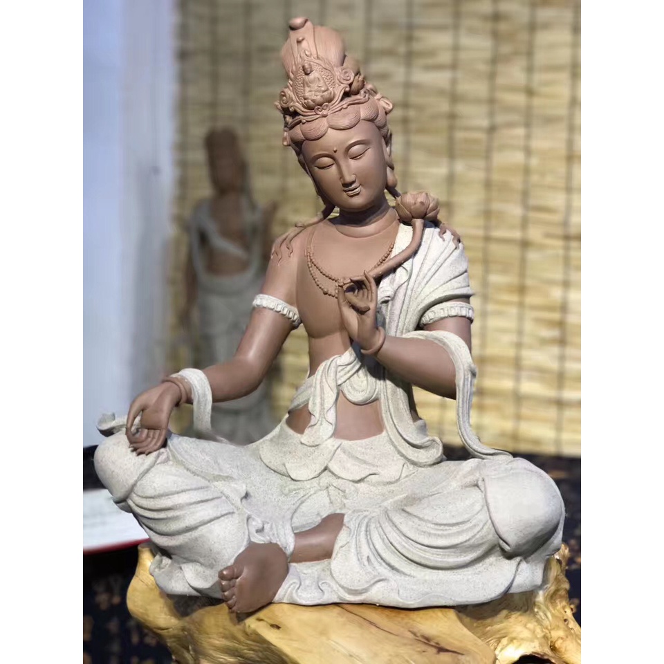 Tượng Quan Âm Đại Thế Chí Bồ Tát gốm tử sa cao cấp- tượng phật trang trí decor không gian thiền tịnh