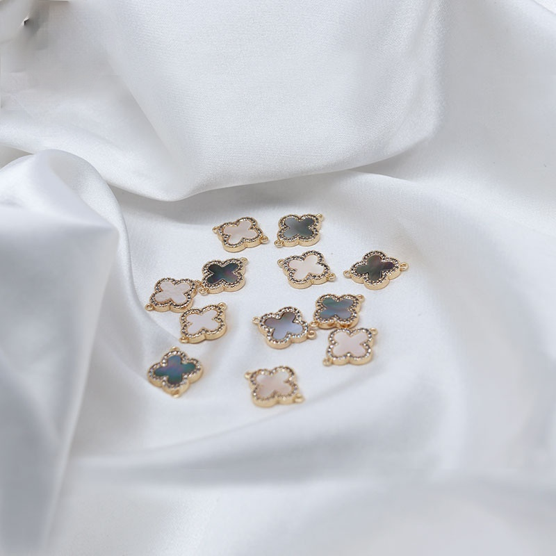 Mặt Dây Chuyền Thủ Công Hình Cỏ Bốn Lá Màu Trắng Vàng Đồng Đính Đá Zircon 14k diy