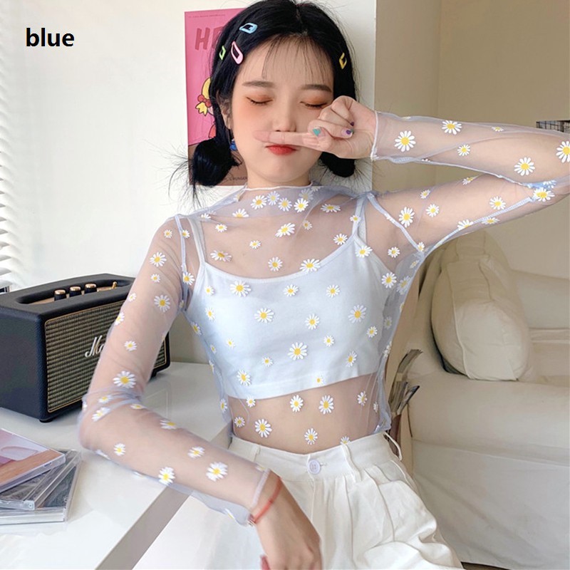 Áo T-shirt dạng lưới in hình hoa cúc nhỏ thời trang mùa hè dành cho nữ