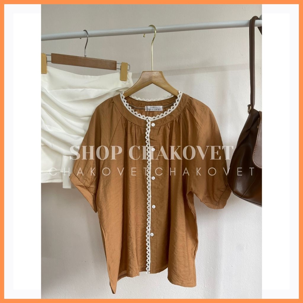Áo sơ mi nữ viền ren cổ tròn cka822, kiểu áo nữ cộc tay hai màu be và trắng cực cute