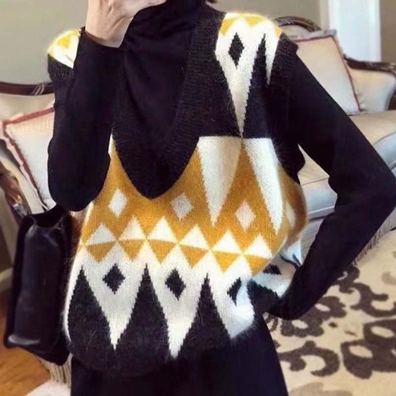 Áo Len Không Tay Cổ Chữ v Màu Sắc Tương Phản Phong Cách Hàn Quốc Dành Cho Nữ