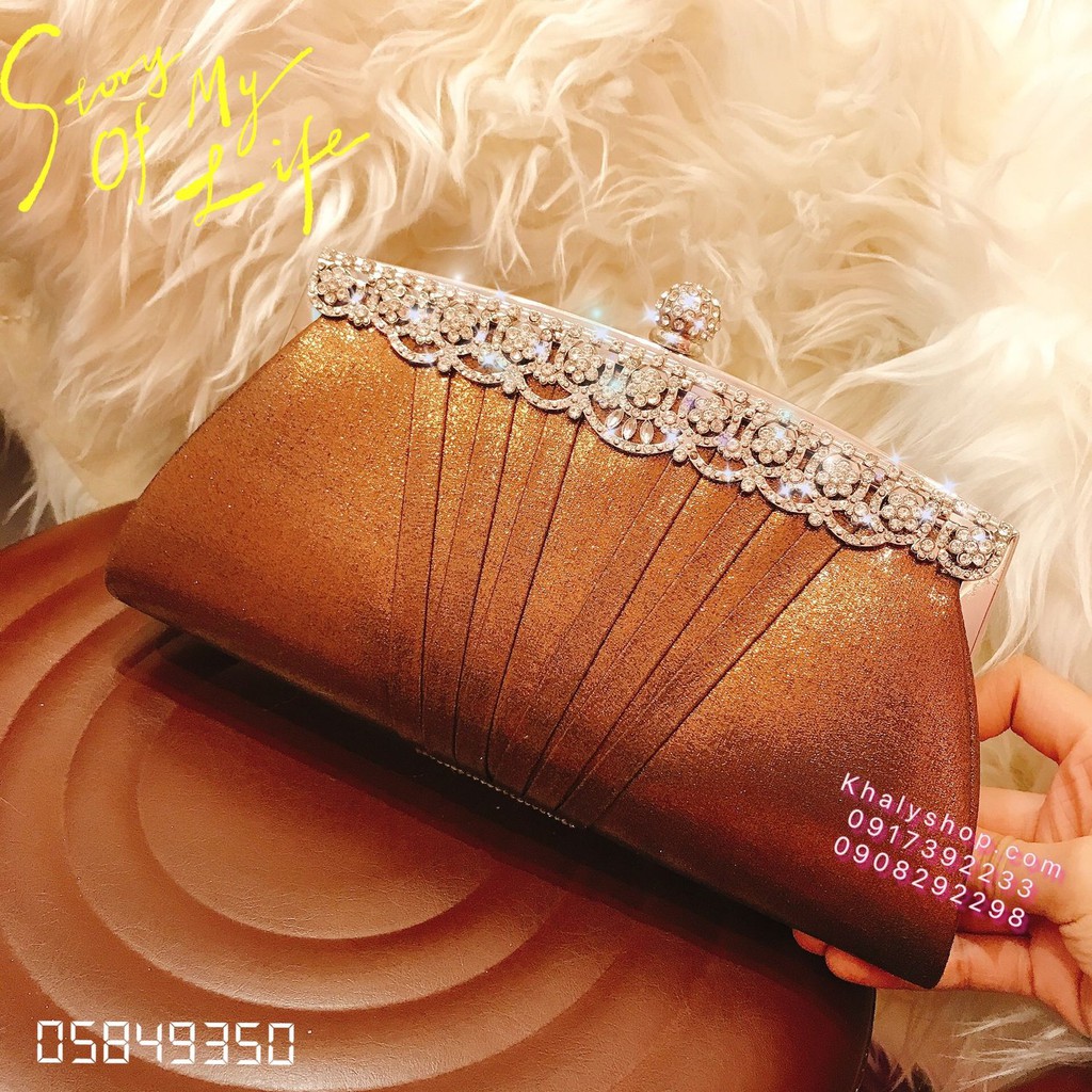 Bóp đầm clutch dạ hội dự tiệc sang trọng đeo chéo xách tay màu nâu kim tuyến kiểu khóa bi tròn đính hột