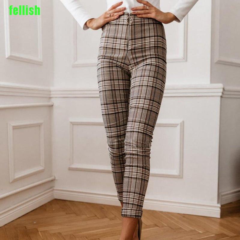 [Fel] Women Plaid Check Pencil Pants Skinny Slim High Waist Stretchy Trousers Ladies BLG