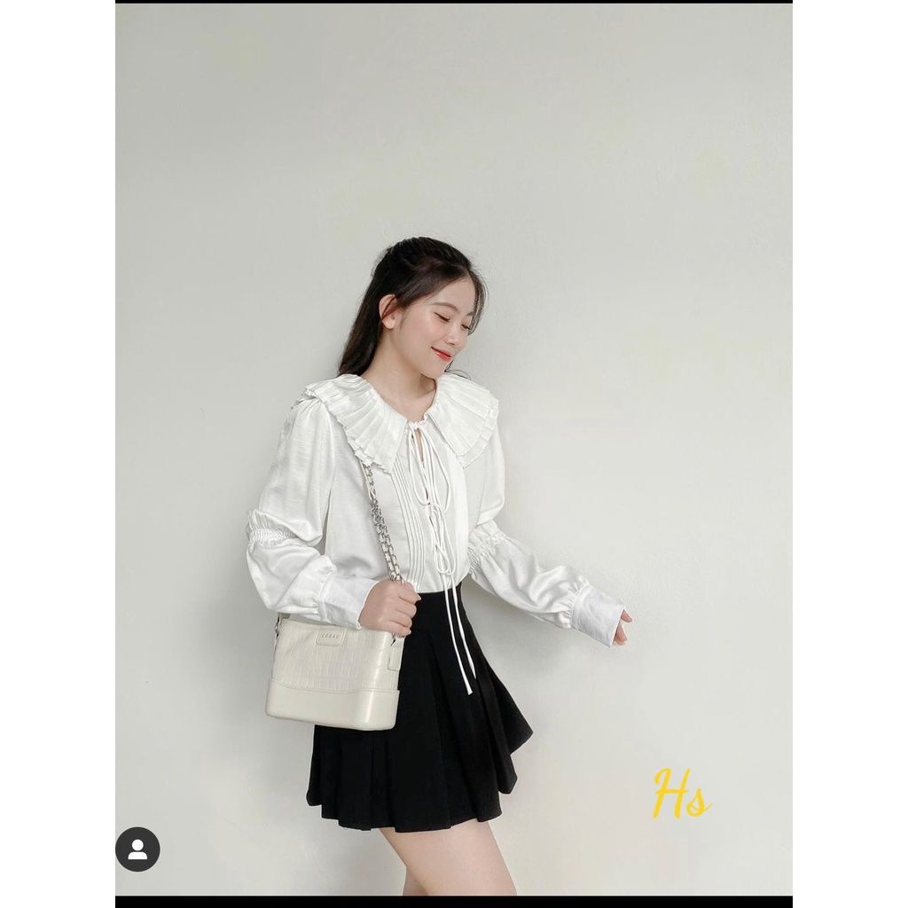 Áo Sơ Mi Nữ Lụa Trắng Cổ Bèo Xếp Ly Dây Buộc Dài Tay F016