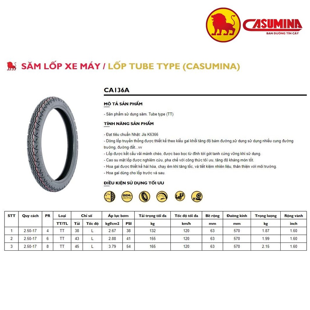 Cặp Vỏ Lốp Trước Sau Casumina 2.25 - 17 CA136B và 2.50 - 17 CA136A Loại Tốt Dành cho Wave, Dream, Sirius, Taurus,...