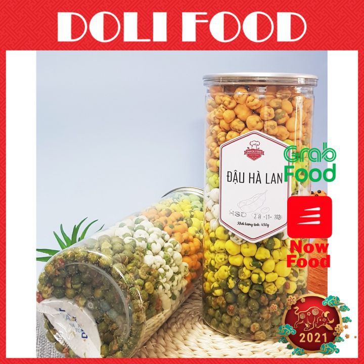 Đậu Hà Lan MIX 5 vị, tỏi ớt, wasabi, sữa, phô mai, sầu riêng, hủ pet 450gr, Đồ ăn vặt DOLI FOOD