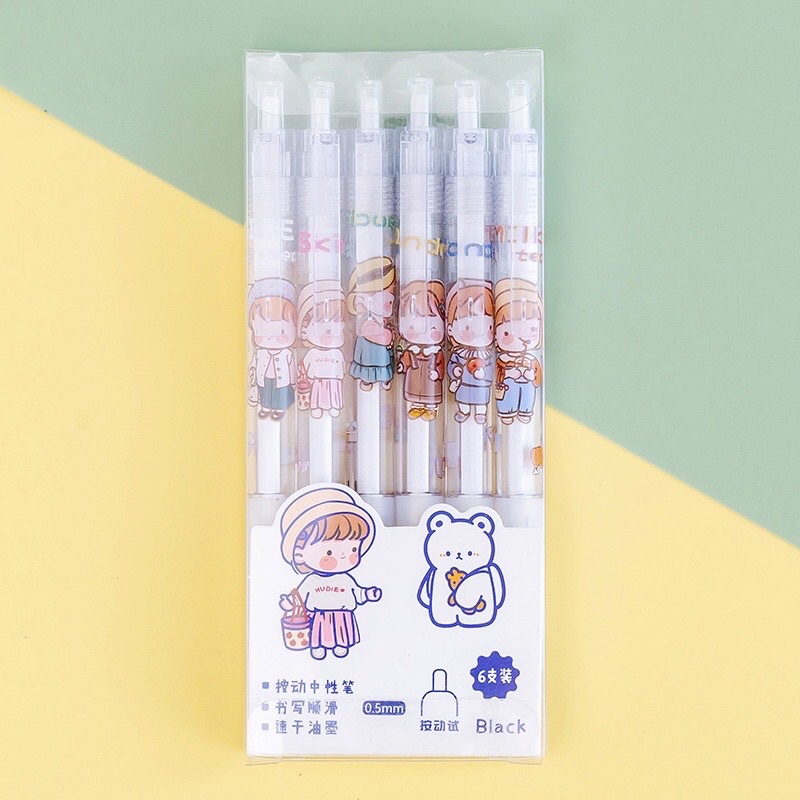 Set 6 Bút Bi Mực Đen Ngòi 0.5Mm hoạ tiết hoạt hình dễ thươngng ơi
