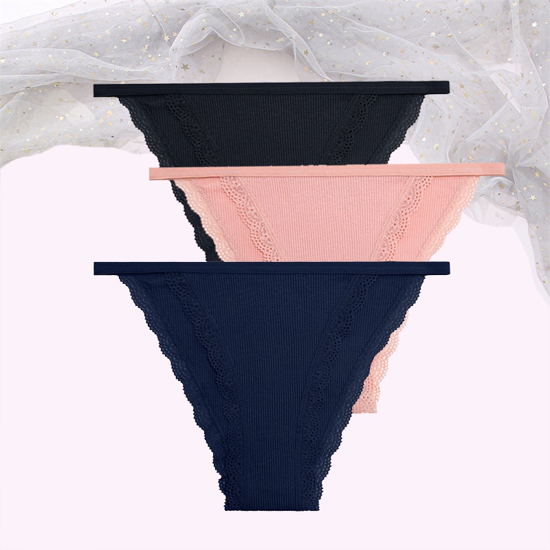 FINETOO Set 3 quần lót cotton phối ren xinh xắn cho nữ
