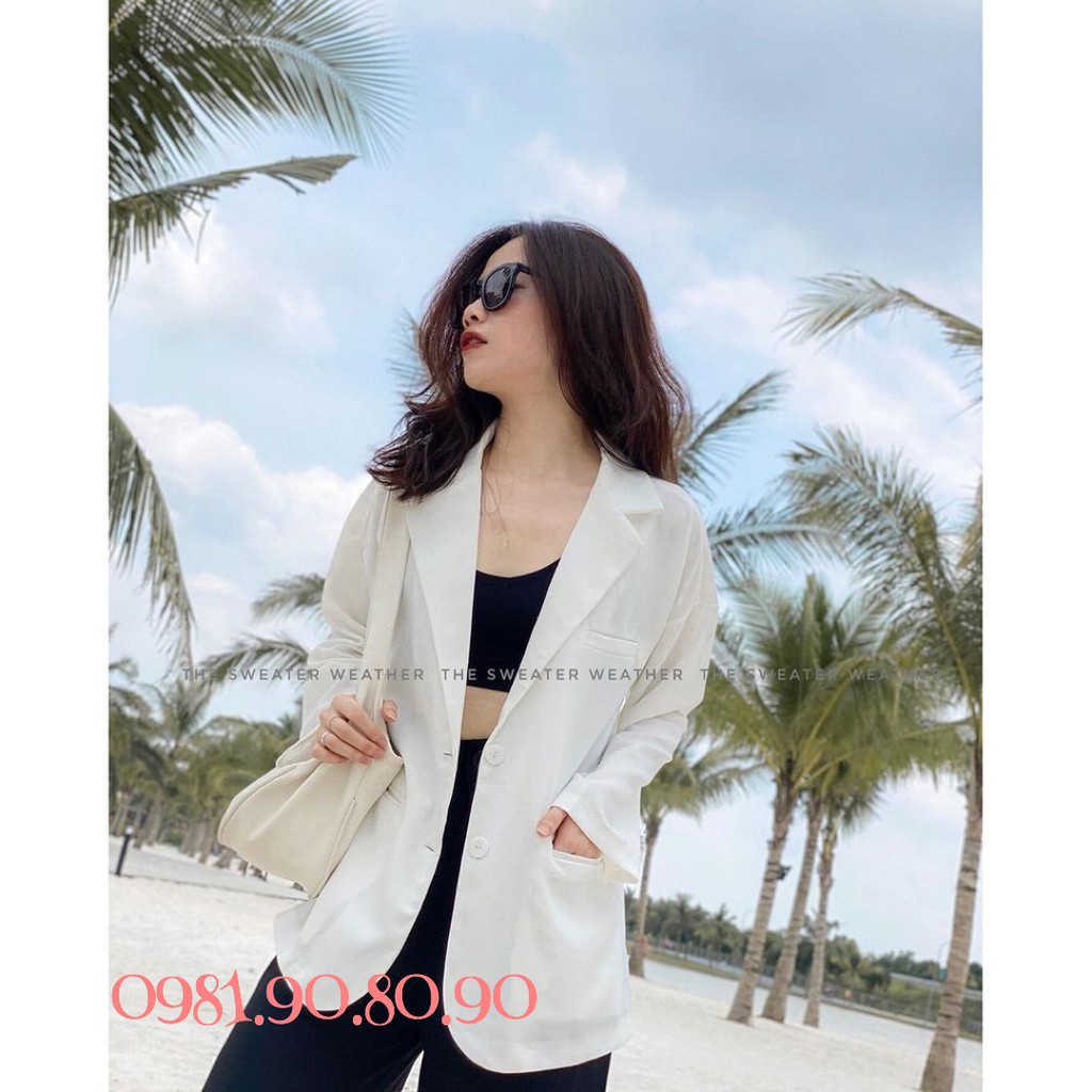 Áo blazer nâu tây sang chảnh màu đen trơn, mầu trắng dáng suông rộng- vest nữ vải trượt vạt bầu dáng rộng,hàng xuất khẩu