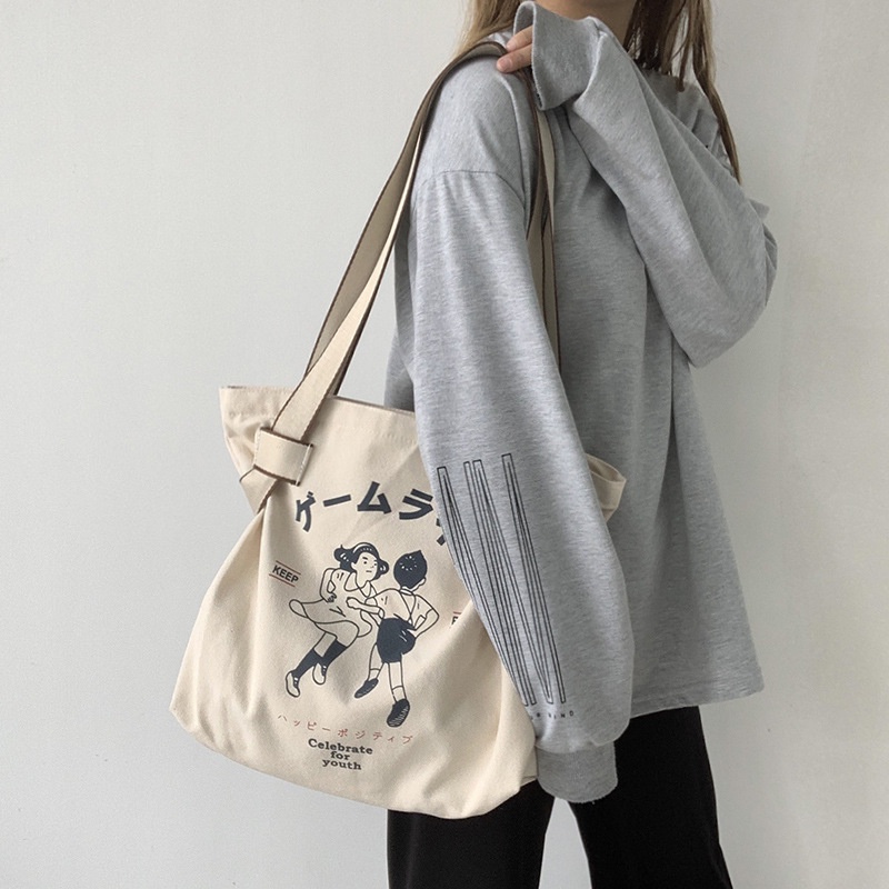 Túi Đeo Vai Vải Canvas Cỡ Lớn Kiểu Vintage Cá Tính Cho Nữ