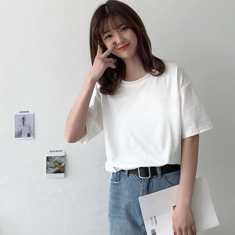 Áo Thun Cổ Tròn Dáng Rộng Màu Trơn Phong Cách Hàn Quốc