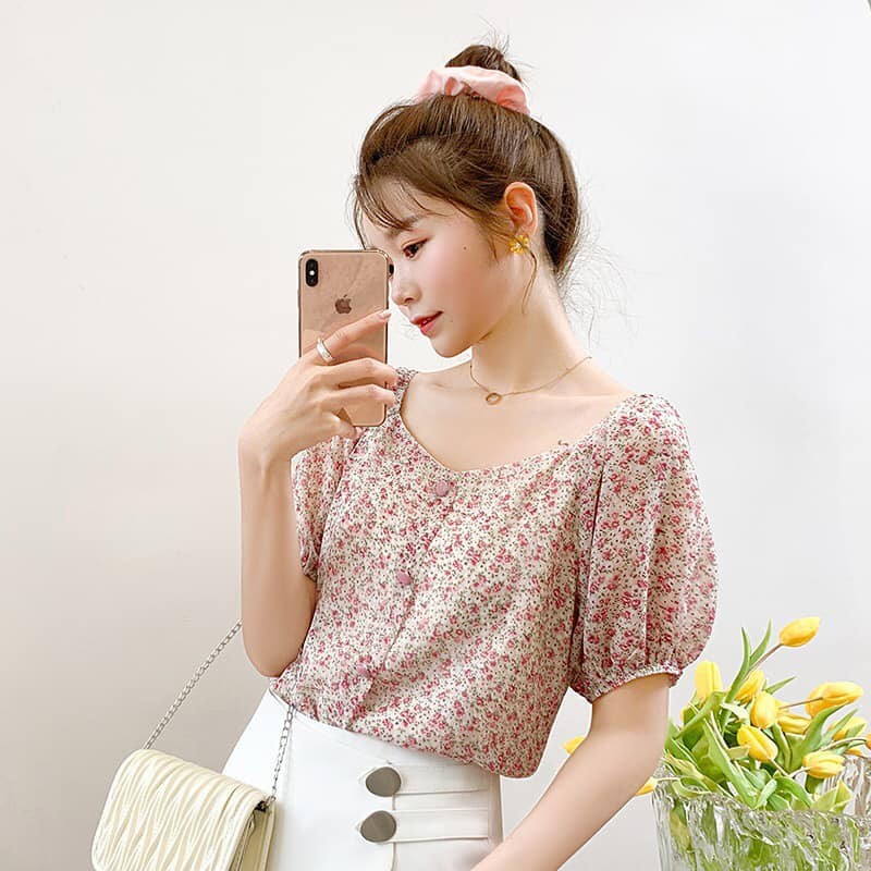 A96628 Áo chiffon nữ hè ngắn tay hoa nhí  hàng nhập