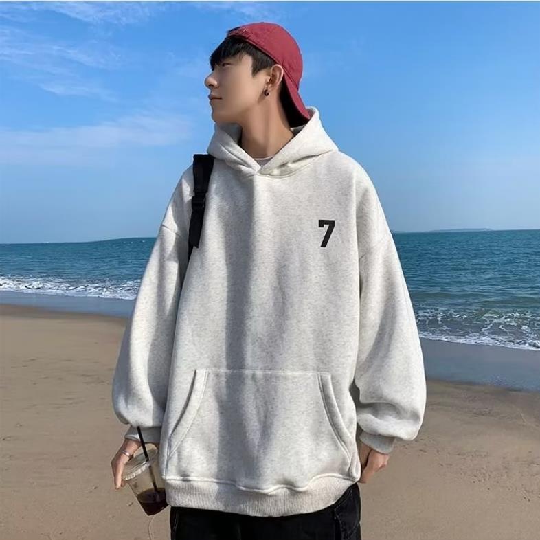 Áo Khoác Hoodie Cotton Dày Dáng Rộng In Số 7 Thời Trang Cho Nam