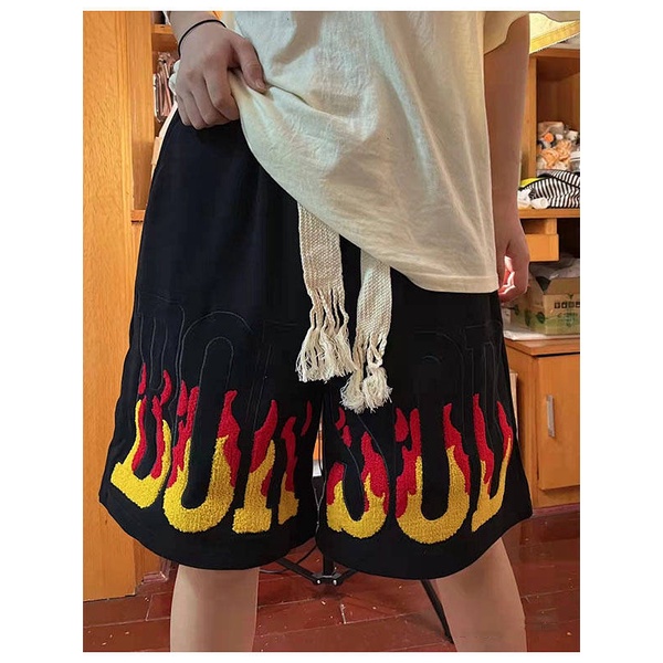 Quần short dáng rộng cạp cao họa tiết ngọn lửa phong cách hiphop đường phố retro Âu Mỹ