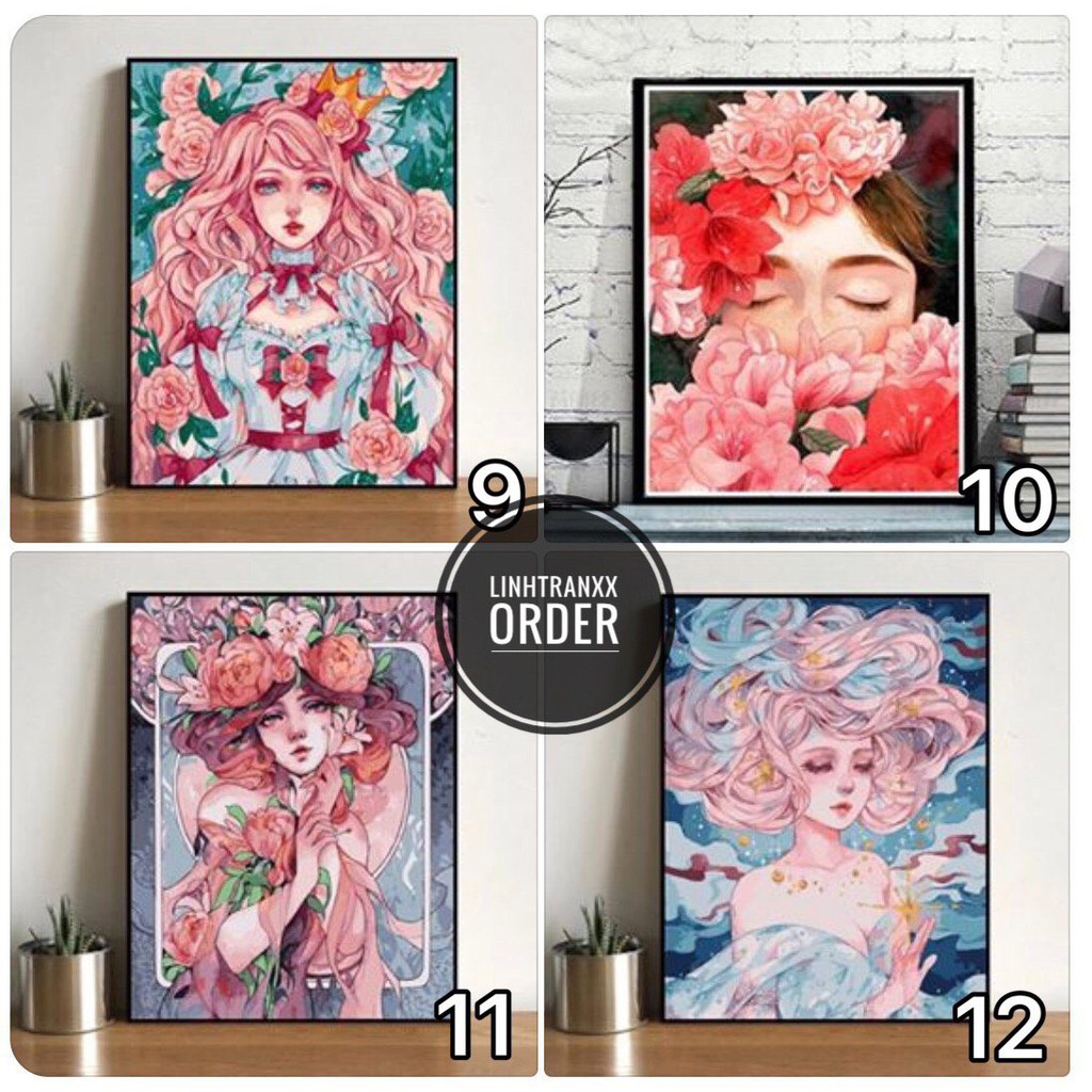 [Order] Tranh tô màu theo số - Tranh sơn dầu số hóa Thiếu Nữ Bên Hoa kích thước 40x50cm (có khung)