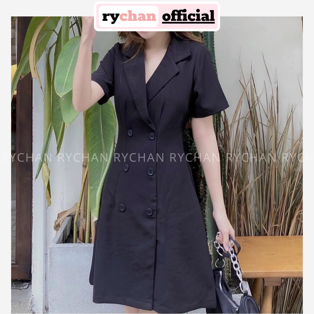 Đầm Xoè Cổ Vest Sơ Mi Đen Cổ V Chiết Eo - DX0079