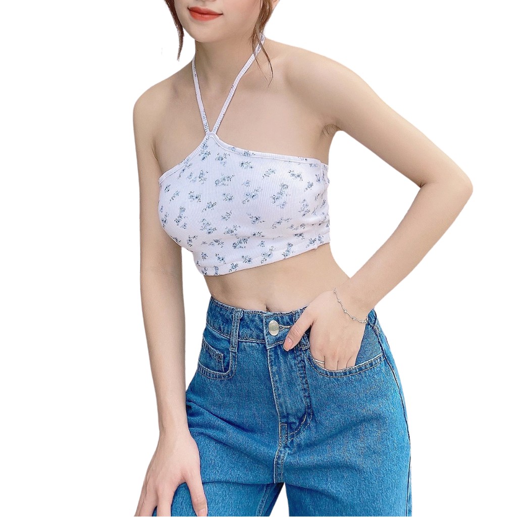 Áo Croptop Nữ Cổ Yếm Cột Dây Hoa Nhí FreesizeThun Gân LA BOUTIQUE LA11 | BigBuy360 - bigbuy360.vn