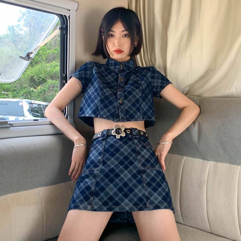 Bộ áo sơ mi denim + chân váy chữ A thời trang mùa hè mới dành cho nữ 2022