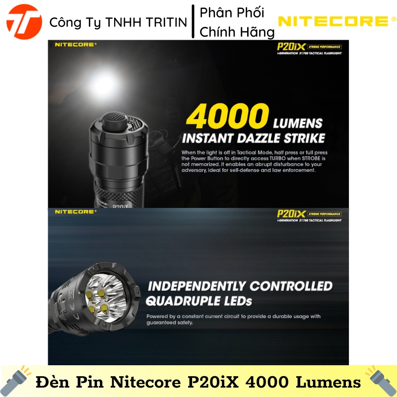 Đèn Pin Chiến Thuật Nitecore P20iX, 4000 Lumens, Tầm Chiếu 221m, Pin Li-ion 21700, 116g | TRITINCO