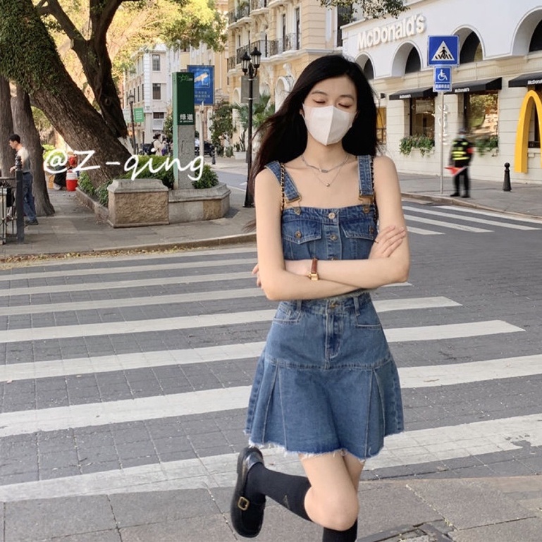 Set Áo Hai Dây Phối Chân váy jean Chữ A Lưng Cao Thời Trang Hàn Quốc Cá Tính Cho Nữ