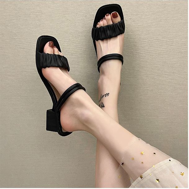 Sandal cao gót nữ quai nhún xếp ly siêu hot đế vuông 5 phân DN34