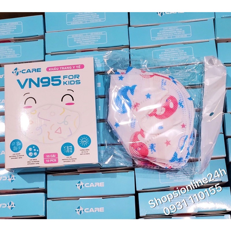 ✅ Hộp 10 cái khẩu trang y tế kháng khuẩn cho bé N95 VN95 TTcare cao cấp hình Cá Với