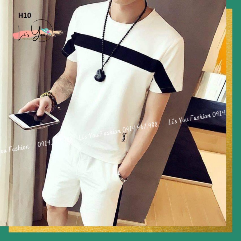 Bộ thể thao, mặc nhà viền đen, quần trắng không sọc viền, chất cotton thoải mái
