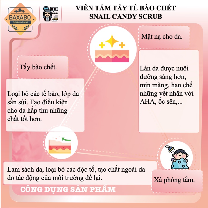 VIÊN TẮM TẨY TẾ BÀO CHẾT SNAIL CANDY SCRUB THÁI LAN - VIÊN KẸO TẨY TẾ BÀO CHẾT 3 TRONG 1 THÁI LAN CHÍNH HÃNG - HỦ 300GR