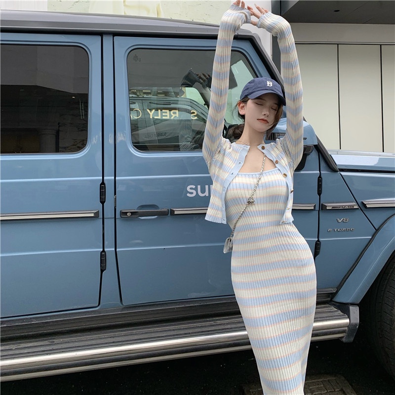 QKOOLE  Set Áo cardigan Chống Nắng + Chân Váy Dệt Kim Thời Trang Hàn Quốc Cho Nữ