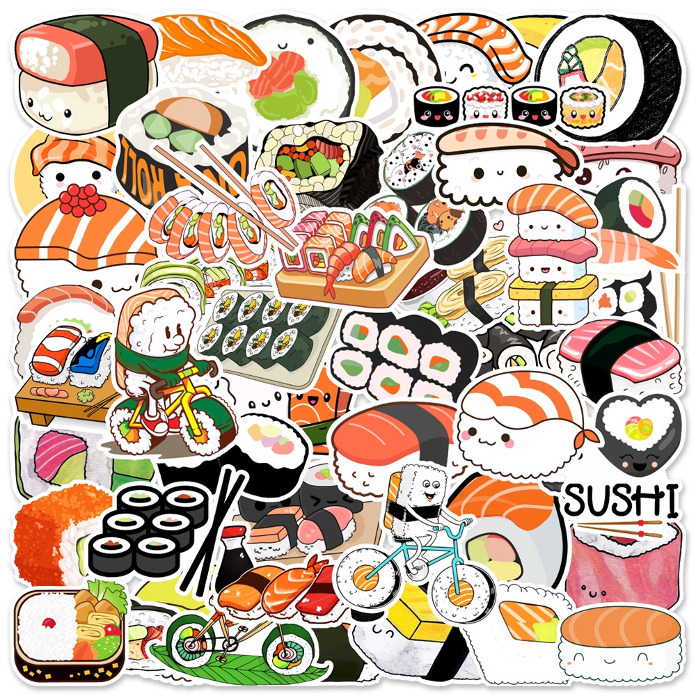 Set 50 chiếc sticker chống thấm nước SUSHI dễ thương dán mũ bảo hiểm, laptop, vali, đàn guitar, xe, ốp lưng