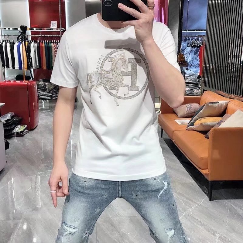 Áo Thun Cotton Ôm Dáng Ngắn Tay Đính Đá Thời Trang Châu Âu Mùa Hè Phong Cách Mới Cho Nam