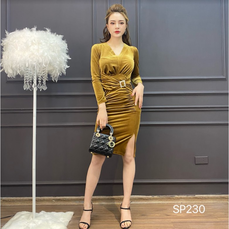 CRYS Váy nhung body đai đá eo tôn dáng, váy công sở cổ V quyến rũ SP230 | BigBuy360 - bigbuy360.vn