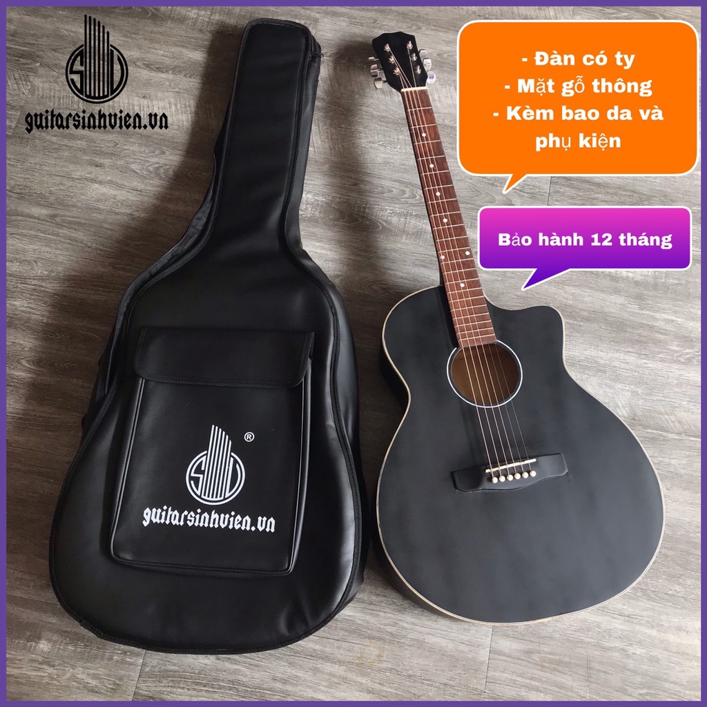 Đàn guitar acoustic màu đen có ty chống cong - Đàn tặng full phụ kiện cần thiết cho bạn mới tập