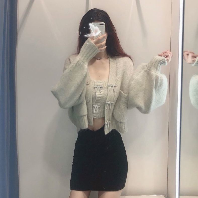 Áo khoác cardigan Pure Cube dệt kim tay phồng phối nơ đính kim cương nhân tạo phong cách thu đông dành cho nữ