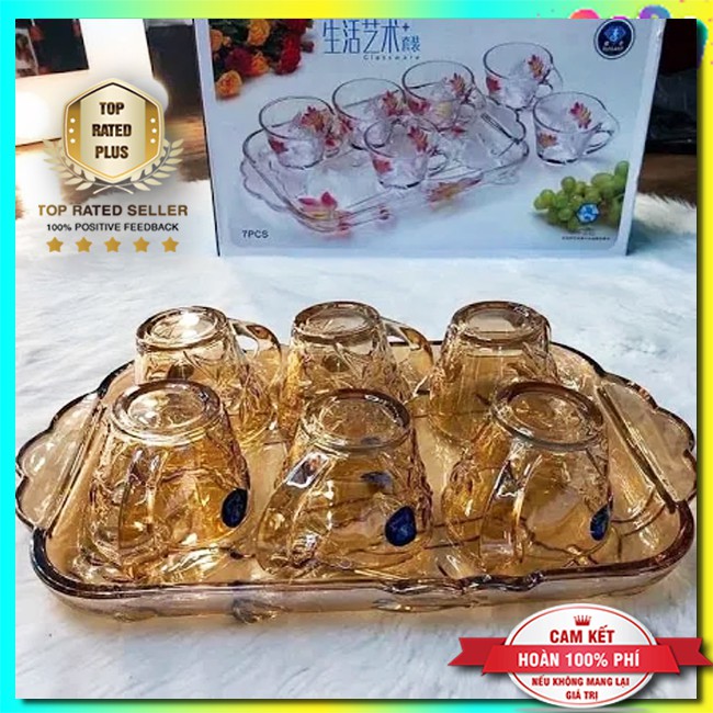 Bộ cốc thủy tinh uống nước kèm khay cao cấp, bộ ly thủy tinh có quai cầm siêu dày dặn sang trọng chịu nhiệt tốt