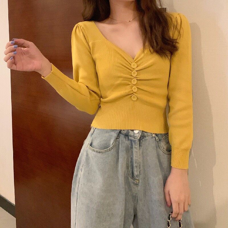 Áo Len Dài Tay Nhún Bèo Cúc Giữa Sang Chảnh Xịn Đẹp Dễ Mix Đồ | BigBuy360 - bigbuy360.vn