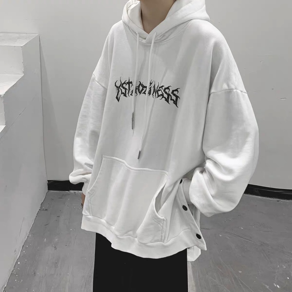 Áo Hoodie In Họa Tiết phối nút bấm chất nỉ bông dày dặn 3 màu Trắng Xám Đen chuẩn form  unisex hình thật tại IN