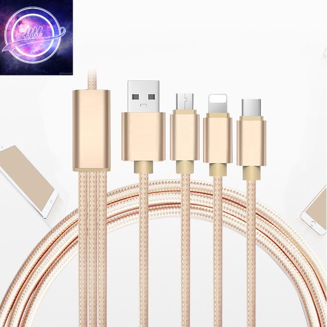 Cáp sạc 3 đầu bọc dù dài 1,2m(microUSB + + Type-C