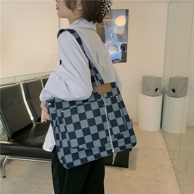 Túi đeo vai chất canvas sức chứa lớn họa tiết kẻ sọc hợp thời trang 2021 cho nữ