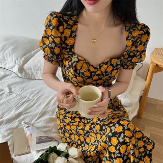 Đầm sườn xám tay phồng chiết eo họa tiết hoa phong cách retro pháp cao cấp