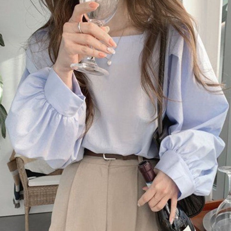 Áo Sơ Mi Tay Dài Cổ Vuông Dáng Rộng Màu Trơn Kiểu Hàn Quốc Thời Trang Cho Nữ
