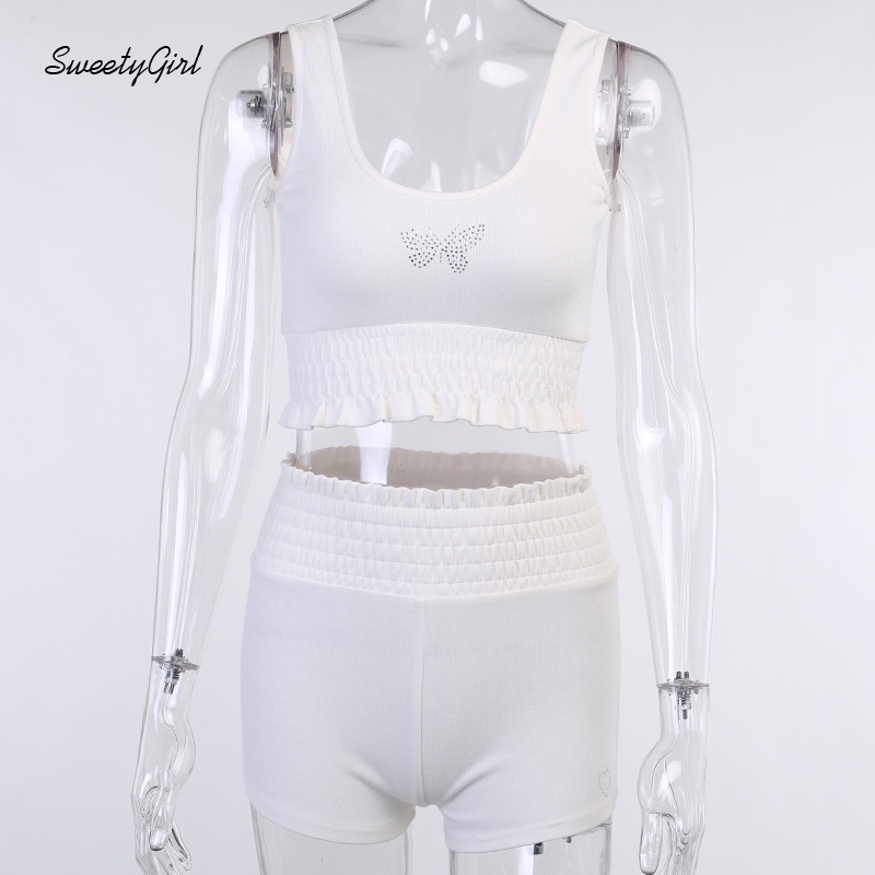 Bộ áo tank top đính đá + quần short xếp ly lưng cao thời trang cho nữ
